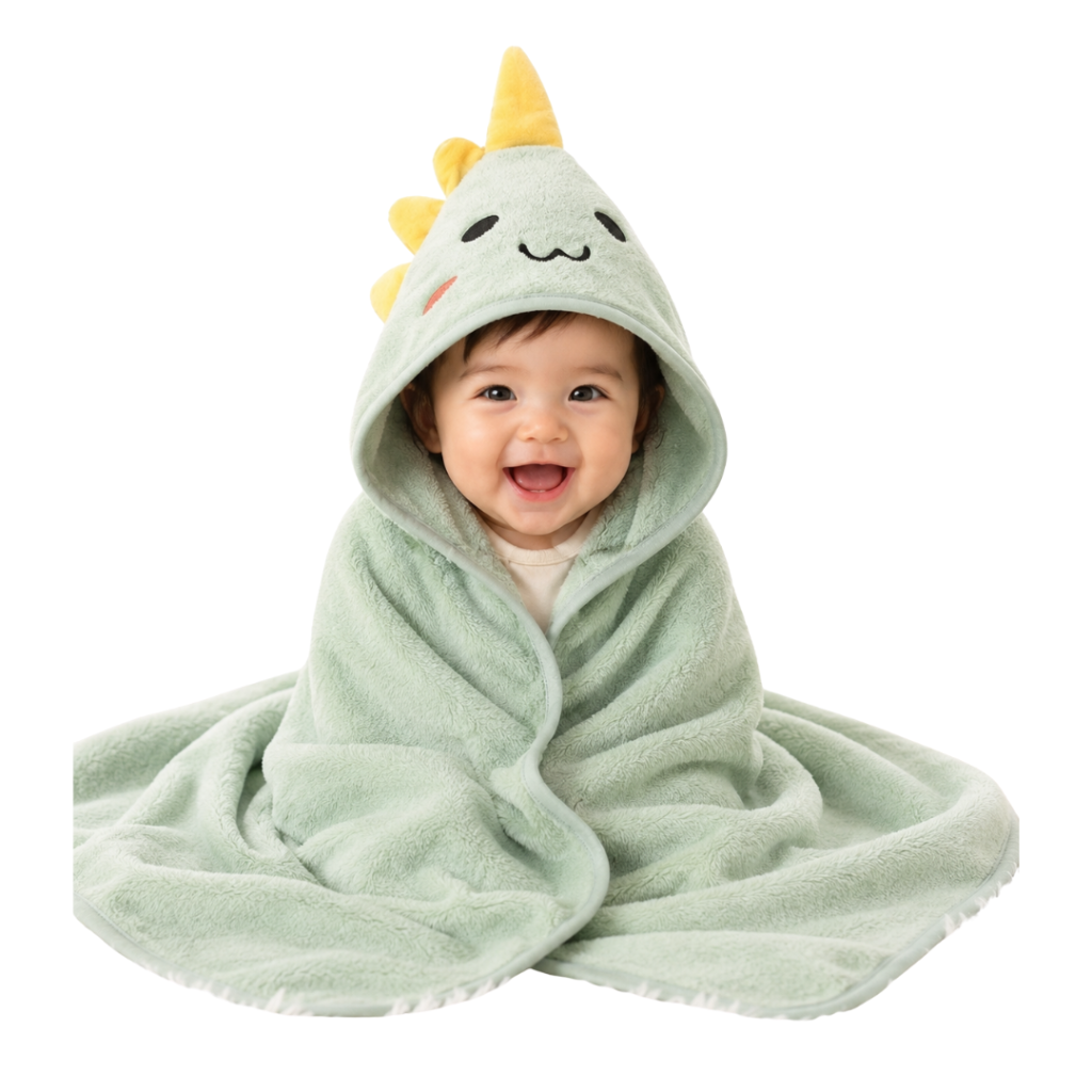 Kaibaby Dino Dreams Hooded Baby Towel – Ultra Soft Coral Fleece